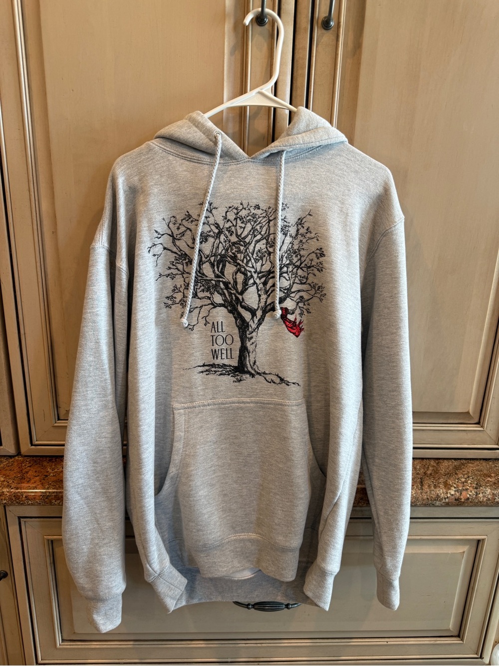 Taylor Swift Gray Crewneck Hoodie with Black Tree Graphic and Red Accent